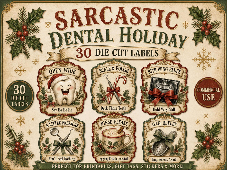 Sarcastic Dental Office Christmas Labels, Dentist Hygienist Desk Staff Gift (30 PNG Files)