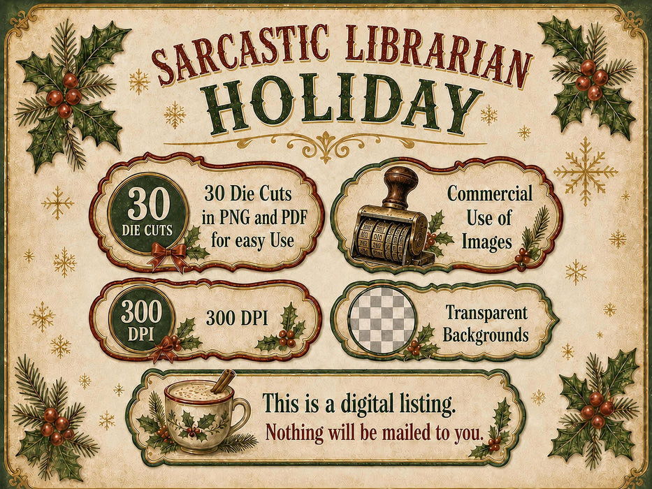 Librarian Christmas Labels PNG Clipart Bundle, Book Lover, Library Staff Gift, Card Catalog