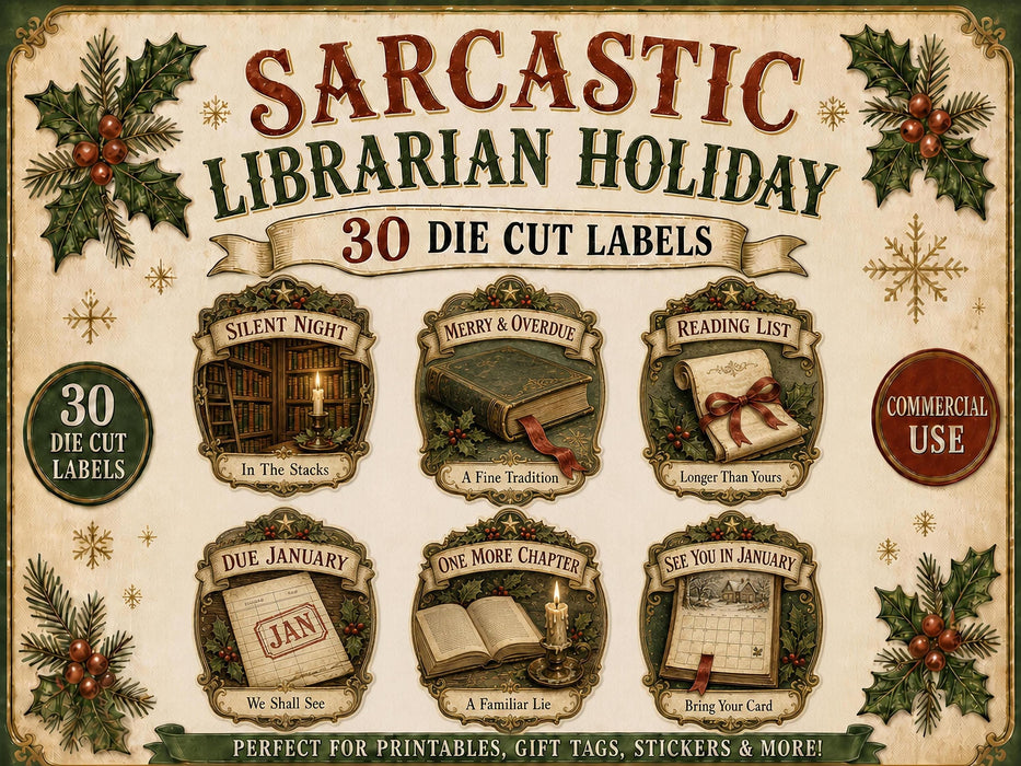 Librarian Christmas Labels PNG Clipart Bundle, Book Lover, Library Staff Gift, Card Catalog