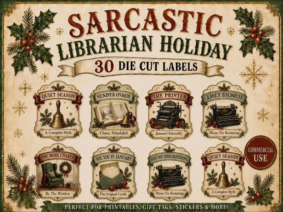 Librarian Christmas Labels PNG Clipart Bundle, Book Lover, Library Staff Gift, Card Catalog