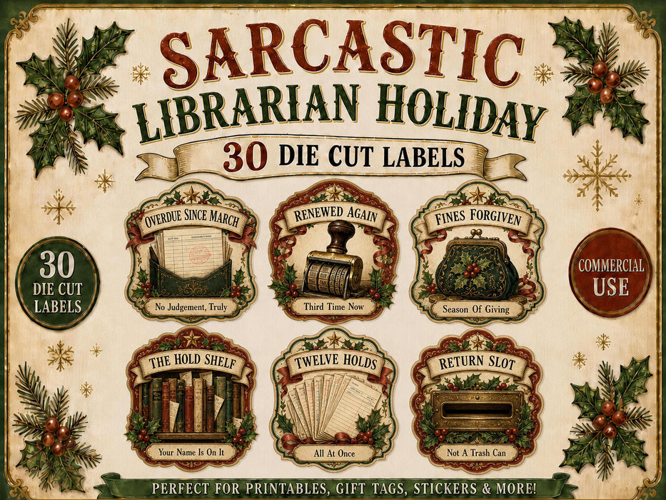 Librarian Christmas Labels PNG Clipart Bundle, Book Lover, Library Staff Gift, Card Catalog