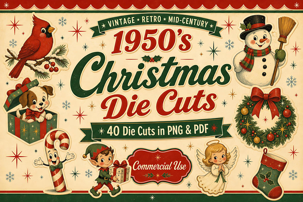 1950s Vintage Christmas Die Cuts PNG Clipart Bundle, Junk Journal, Gift Tags, Retro Christmas