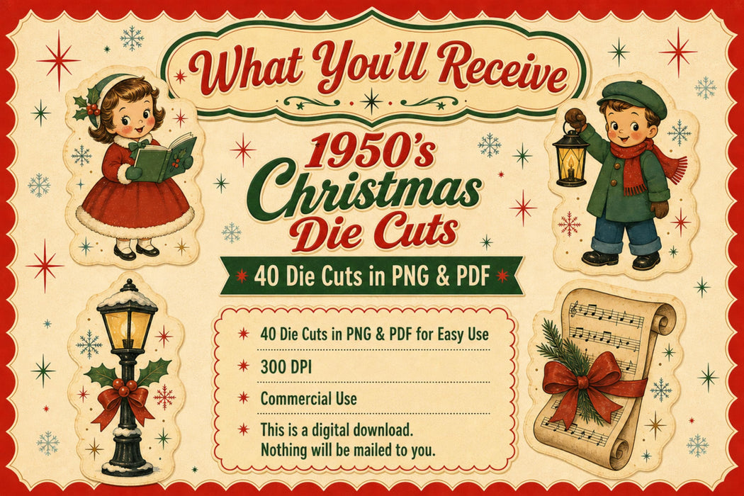 1950s Vintage Christmas Die Cuts PNG Clipart Bundle, Junk Journal, Gift Tags, Retro Christmas