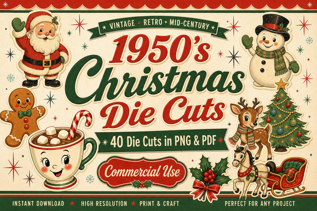 1950s Vintage Christmas Die Cuts PNG Clipart Bundle, Junk Journal, Gift Tags, Retro Christmas