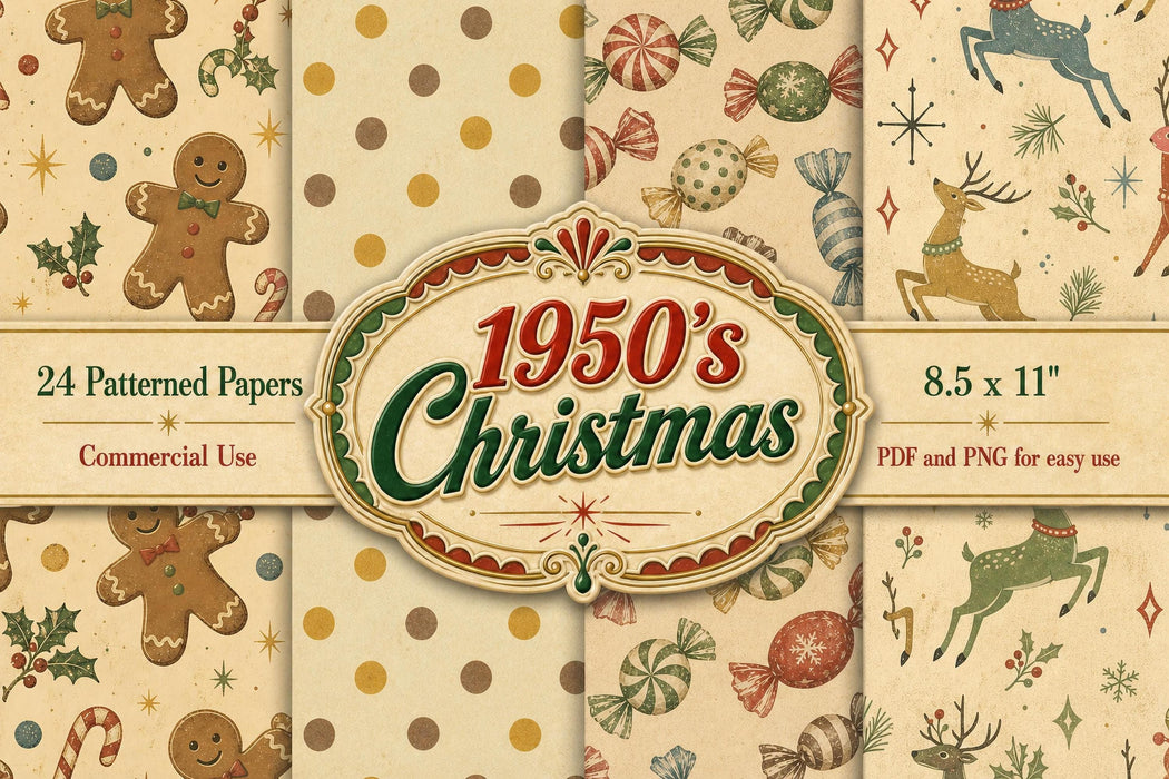 1950s Vintage Christmas Digital Paper Pack 24 Printable Scrapbook Papers Retro Junk Journal