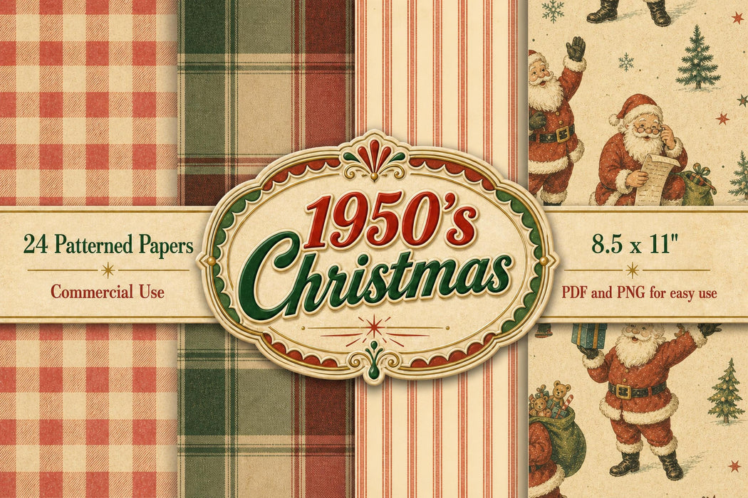 1950s Vintage Christmas Digital Paper Pack 24 Printable Scrapbook Papers Retro Junk Journal