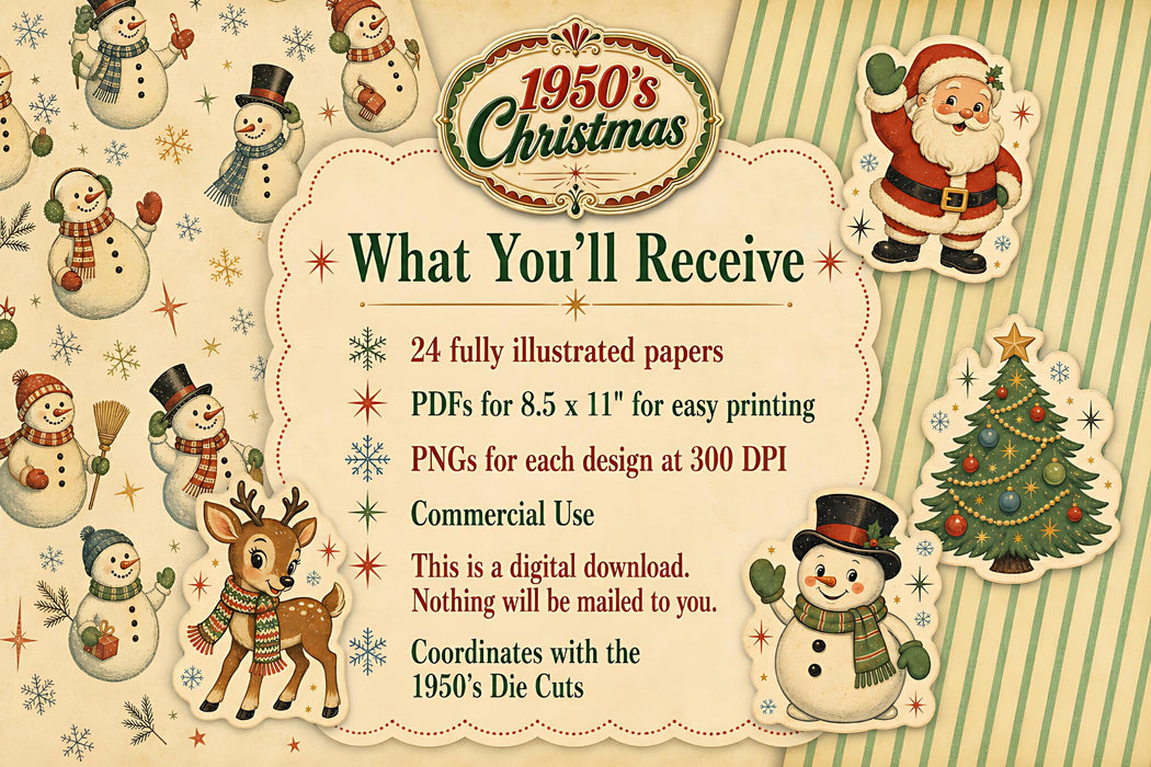 1950s Vintage Christmas Digital Paper Pack 24 Printable Scrapbook Papers Retro Junk Journal