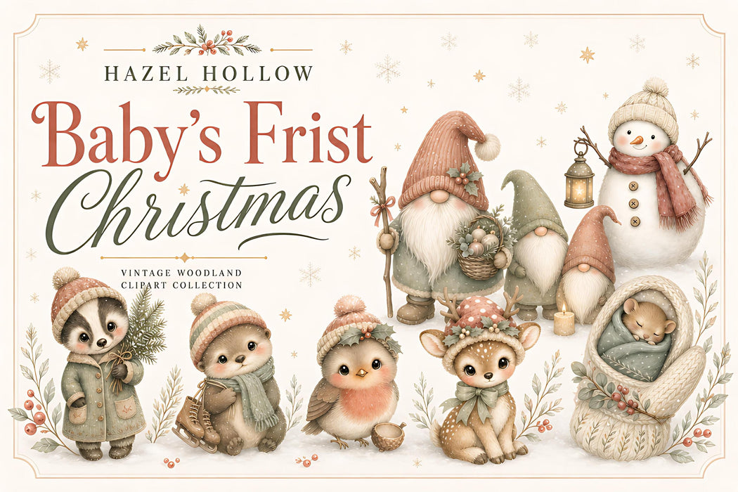 Baby's First Christmas Clipart 40 PNG Die Cuts Nursery Watercolor Animals Junk Journal
