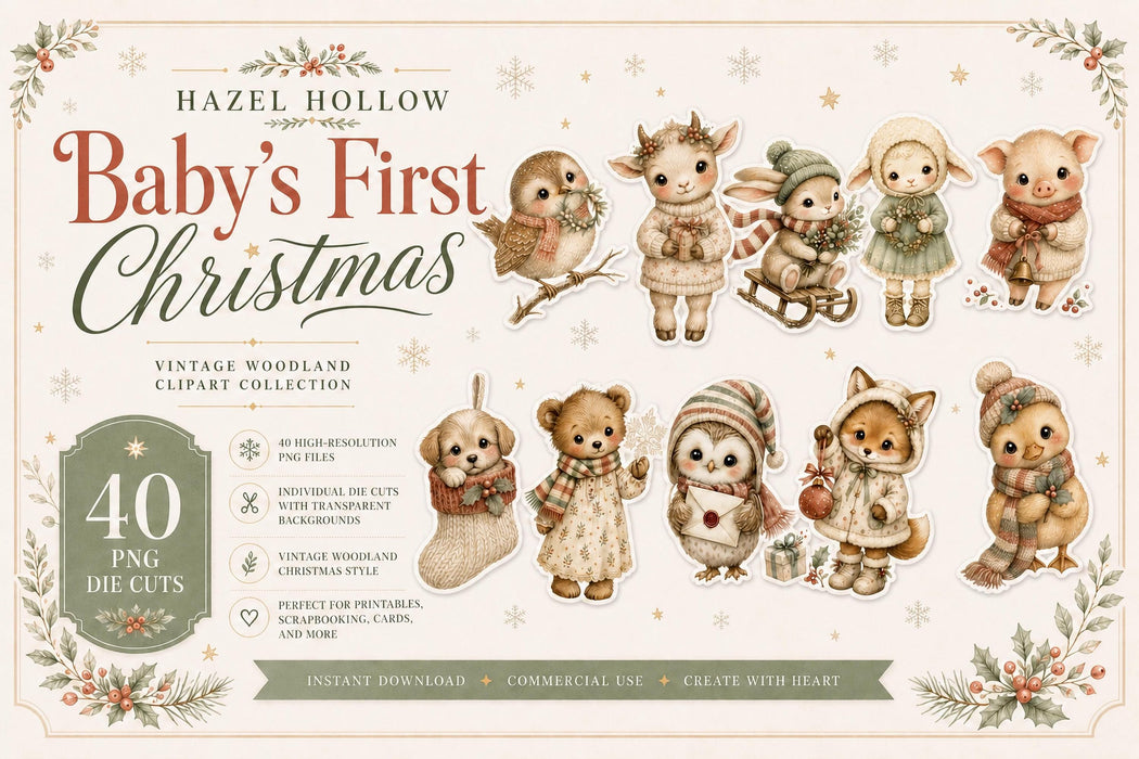 Baby's First Christmas Clipart 40 PNG Die Cuts Nursery Watercolor Animals Junk Journal