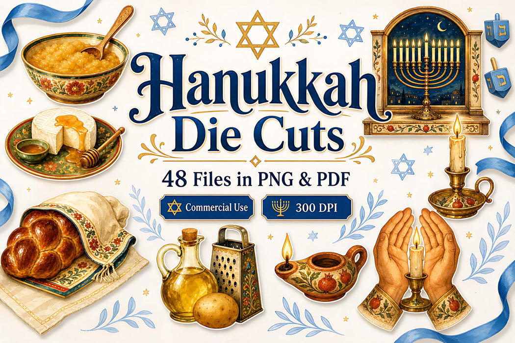 Hanukkah Die Cuts PNG Clipart Bundle, Jewish Holiday, Junk Journal, Sufganiyot Latkes Art