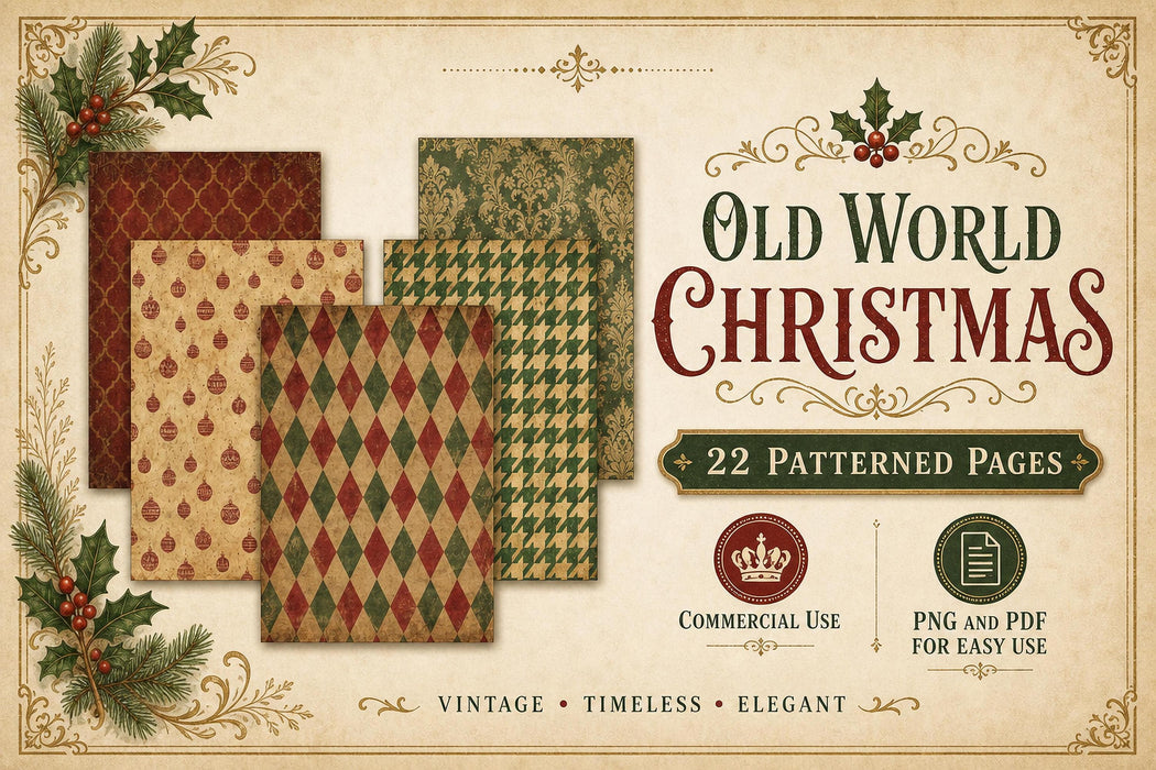 Vintage Christmas Paper Pack Printable, Junk Journal, Antique Patterns, Holiday Backgrounds, Commercial Use