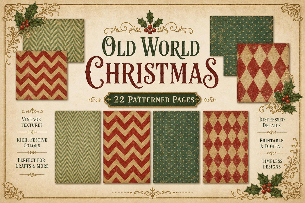 Vintage Christmas Paper Pack Printable, Junk Journal, Antique Patterns, Holiday Backgrounds, Commercial Use