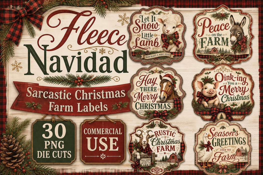 Fleece Navidad PNG Clipart Bundle, Funny Christmas Signs, Farm Animal Puns, Punny Labels