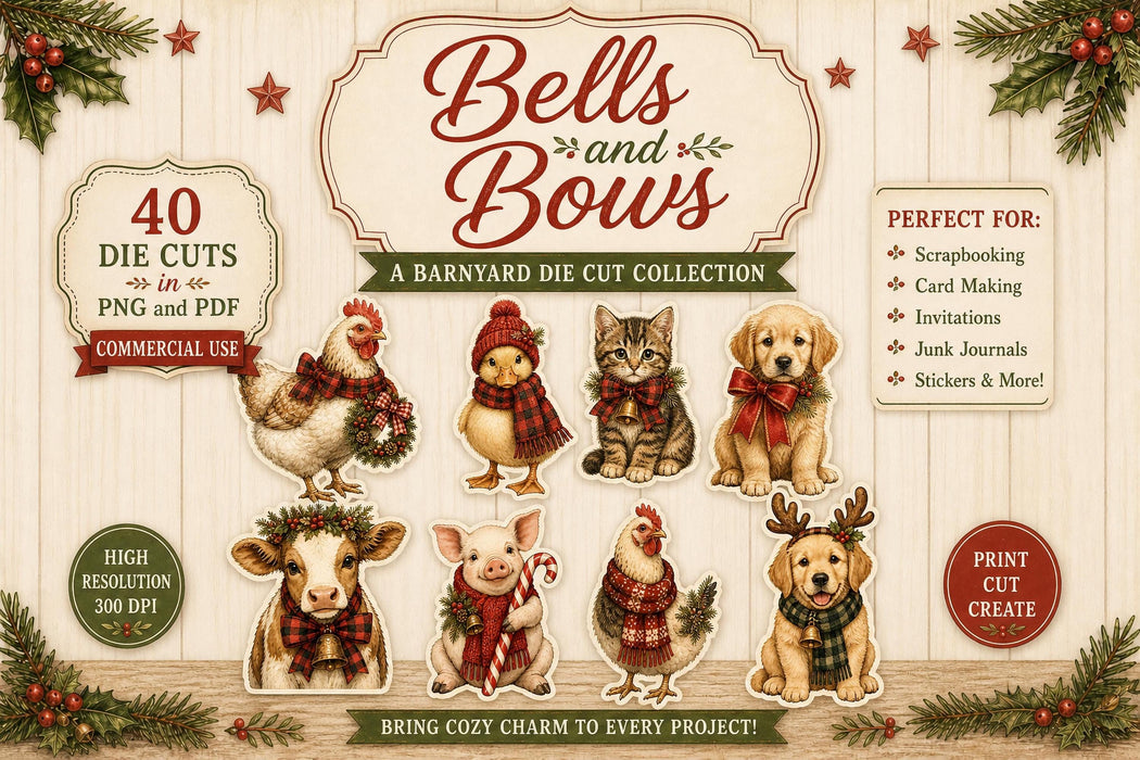 Bells & Bows PNG Clipart Bundle, Christmas Farm Animal Die Cuts, Animals In Scarves