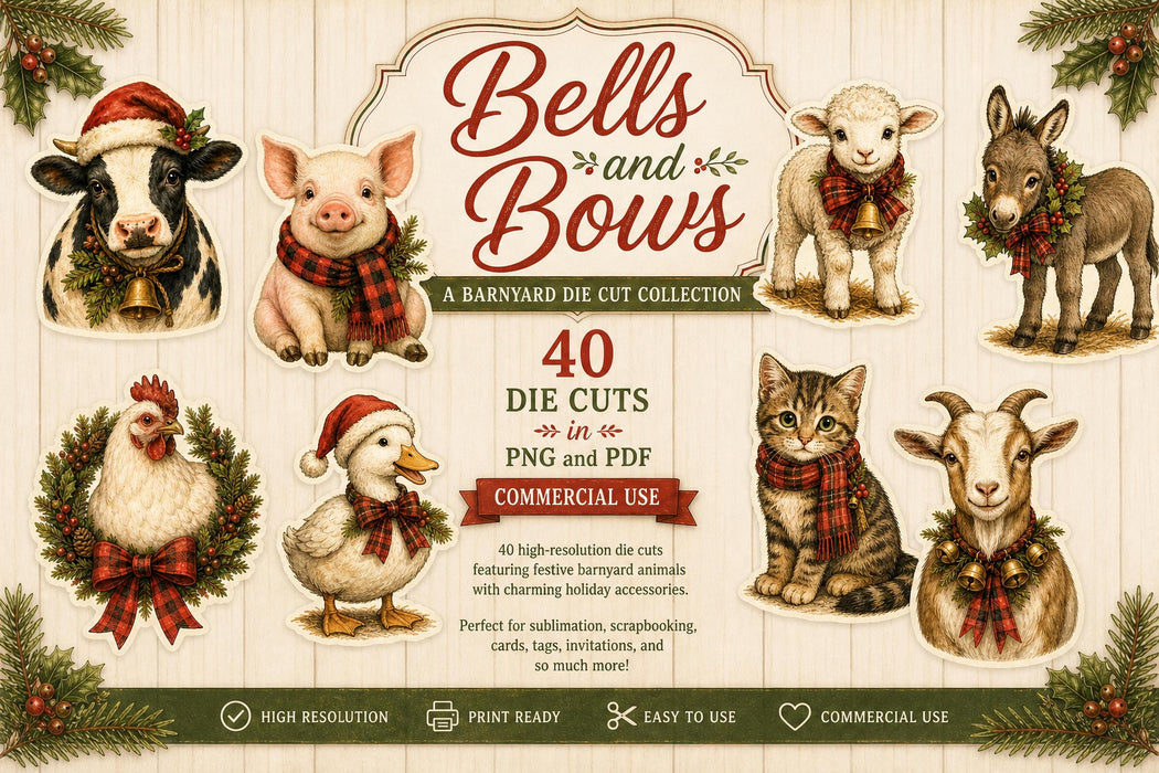 Bells & Bows PNG Clipart Bundle, Christmas Farm Animal Die Cuts, Animals In Scarves