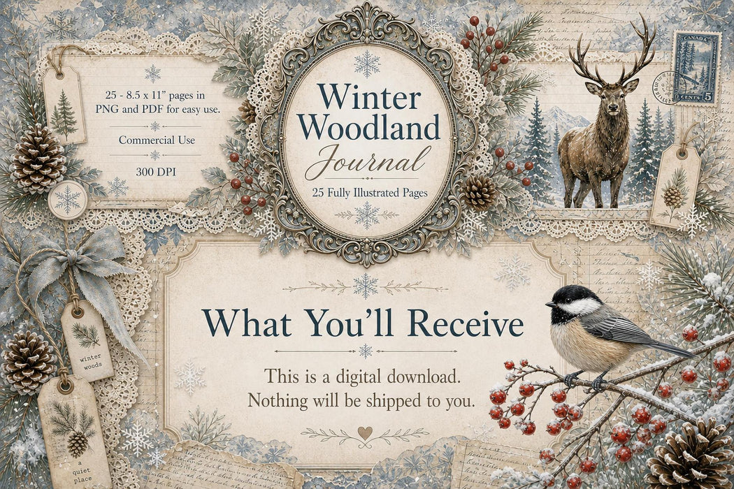 Winter Woodland Junk Journal Kit 25 Printable Pages Snowy Ephemera Paper Christmas