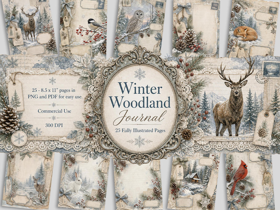 Winter Woodland Junk Journal Kit 25 Printable Pages Snowy Ephemera Paper Christmas