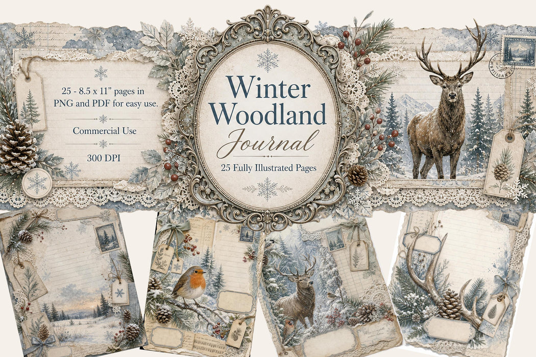 Winter Woodland Junk Journal Kit 25 Printable Pages Snowy Ephemera Paper Christmas