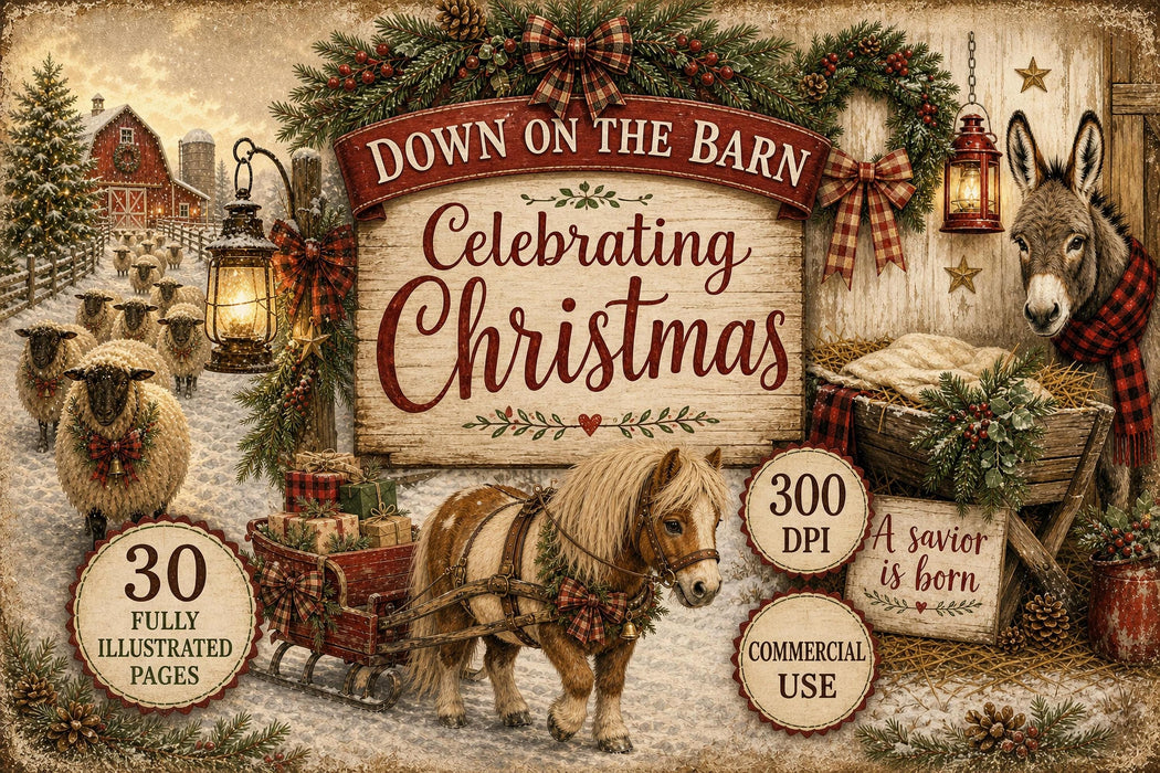 Down at the Barn Printable Paper Pack, Christmas Scenes, Farm Animal Pages, Card Fronts