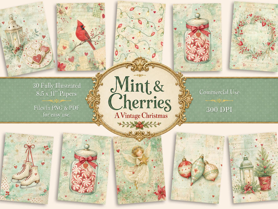 Mint Christmas Digital Paper 30 Whimsical Vintage Collage Sheets Junk Journal Printable