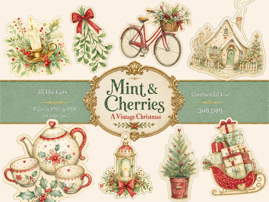 Christmas Die Cuts 35 Mint Whimsical Vintage Clipart Junk Journal Printable Stickers