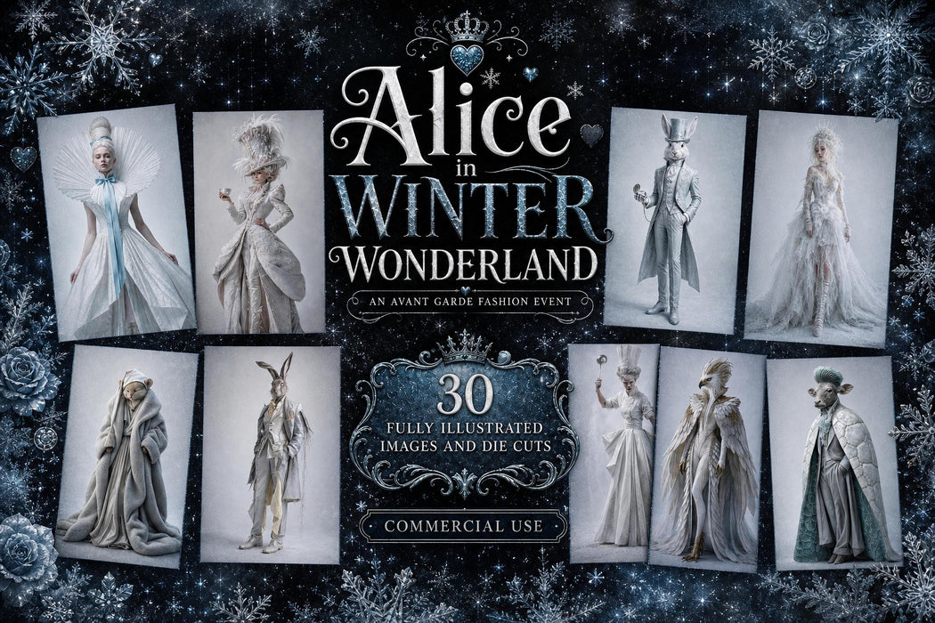 Alice in Wonderland Clipart, Winter Couture Die Cuts, Junk Journal Ephemera, Fashion PNG Bundle