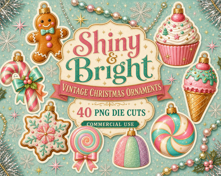 Retro Christmas Clipart, Pastel Ornament Die Cuts, Vintage Christmas PNG, Junk Journal Ephemera
