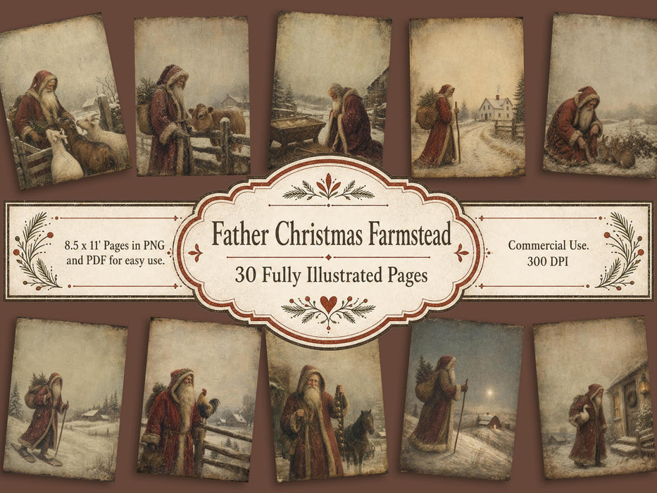 Father Christmas Farmstead: Primitive Christmas Printable 30 Old World Santa Farm Animal Pages Farmhouse Wall Art
