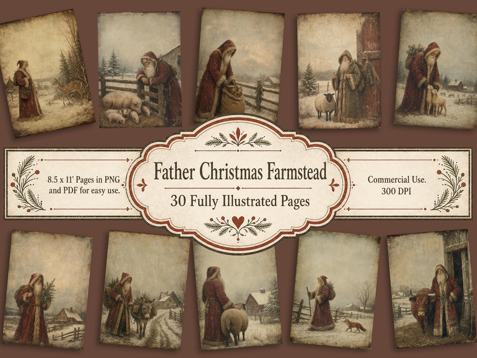 Father Christmas Farmstead: Primitive Christmas Printable 30 Old World Santa Farm Animal Pages Farmhouse Wall Art