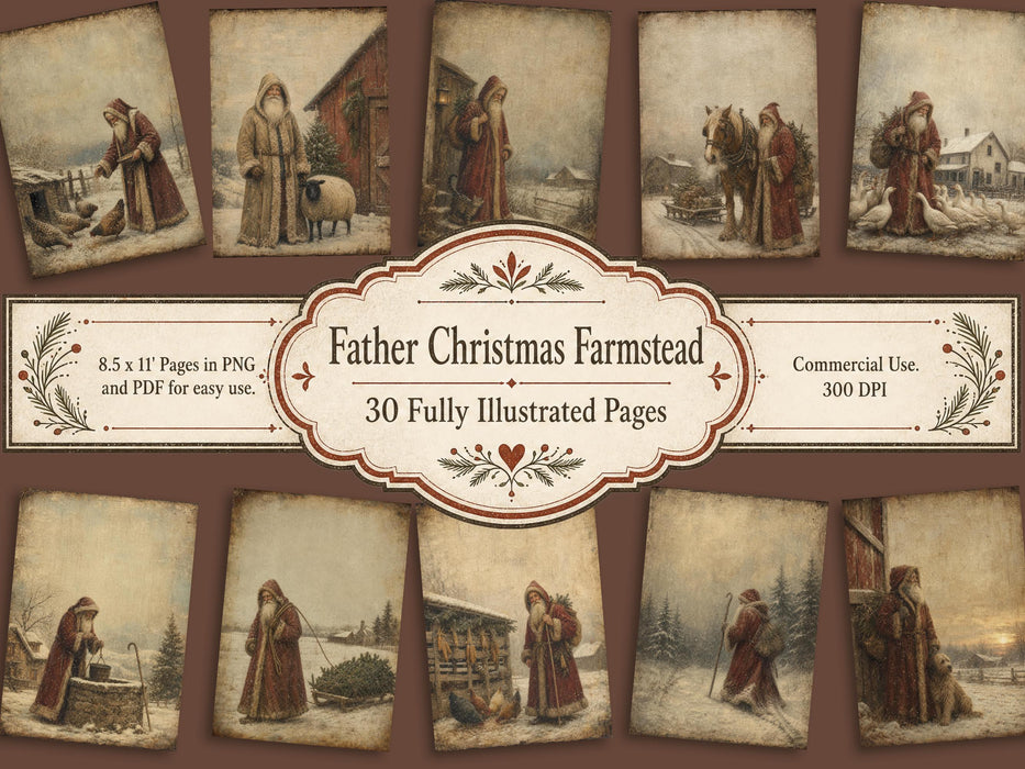 Father Christmas Farmstead: Primitive Christmas Printable 30 Old World Santa Farm Animal Pages Farmhouse Wall Art