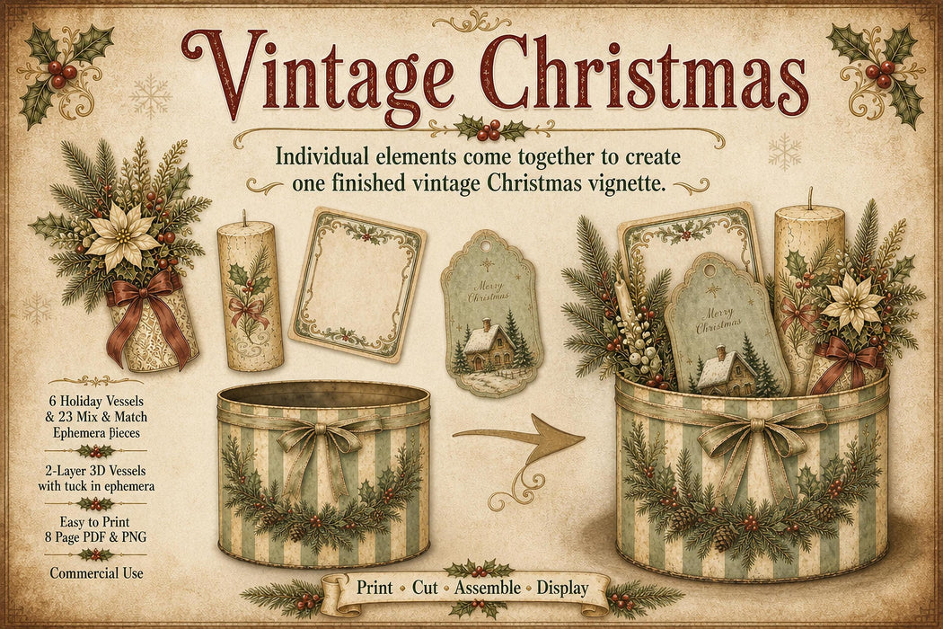 Vintage Christmas 3D Junk Journal illusion Pockets | Printable Die Cut Ephemera (Digital Download)