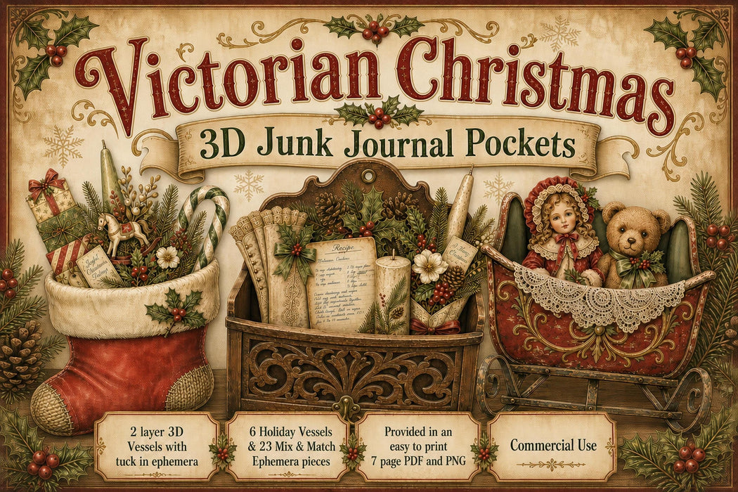 Victorian Christmas 3D Junk Journal illusion Pockets | Printable Die Cut Ephemera (Digital Download)