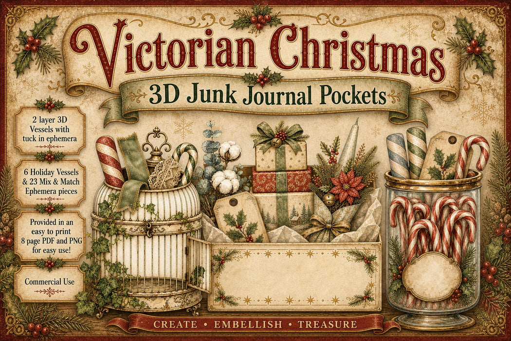Victorian Christmas 3D Junk Journal illusion Pockets | Printable Die Cut Ephemera (Digital Download)