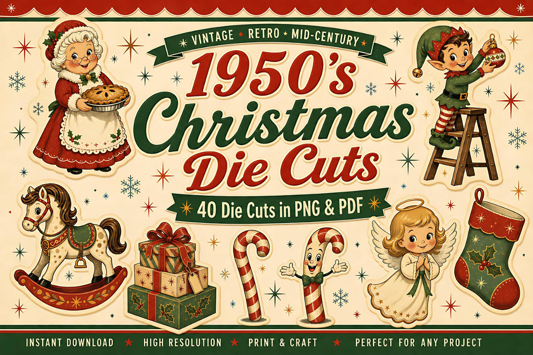 1950s Vintage Christmas Die Cuts PNG Clipart Bundle, Junk Journal, Gift Tags, Retro Christmas