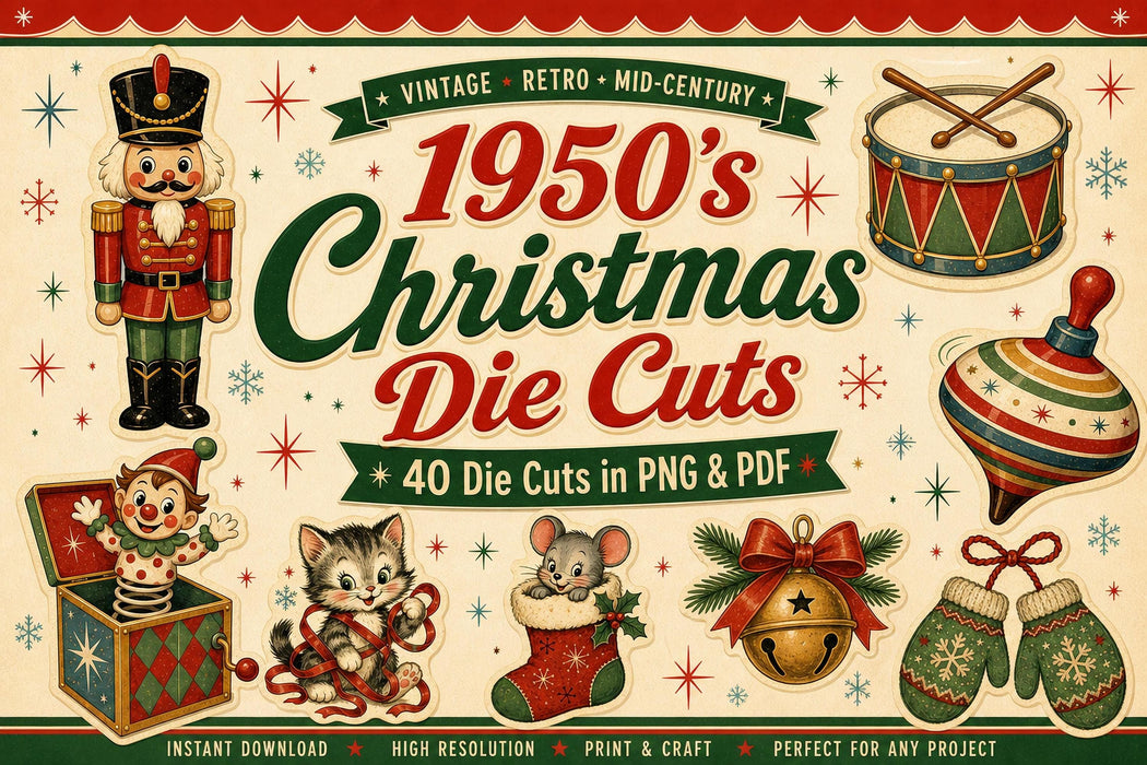 1950s Vintage Christmas Die Cuts PNG Clipart Bundle, Junk Journal, Gift Tags, Retro Christmas