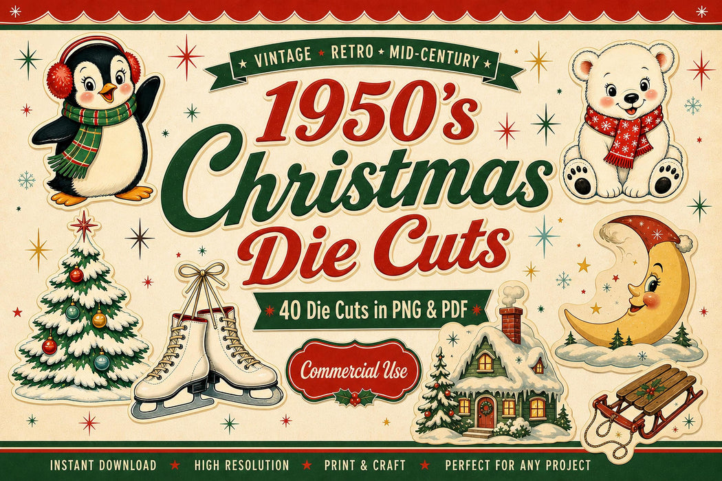 1950s Vintage Christmas Die Cuts PNG Clipart Bundle, Junk Journal, Gift Tags, Retro Christmas
