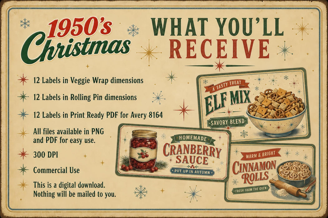 1950s Vintage Christmas Pantry Labels Printable Avery 8164 Canister Wraps Retro Kitchen