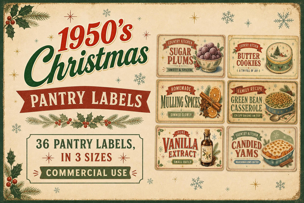 1950s Vintage Christmas Pantry Labels Printable Avery 8164 Canister Wraps Retro Kitchen