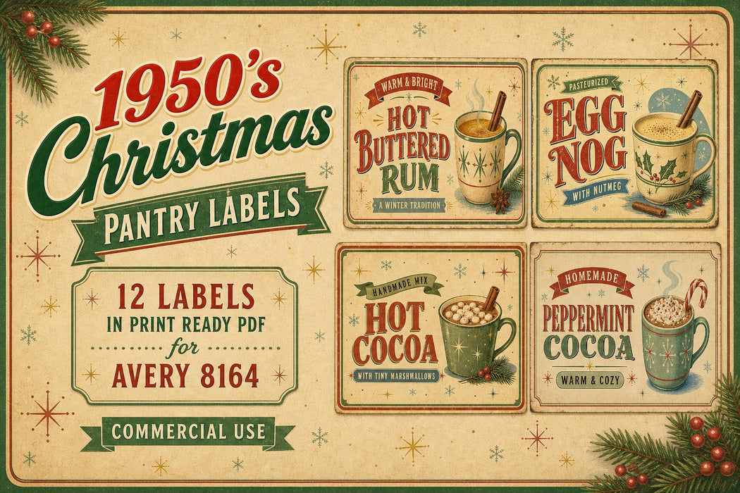 1950s Vintage Christmas Pantry Labels Printable Avery 8164 Canister Wraps Retro Kitchen
