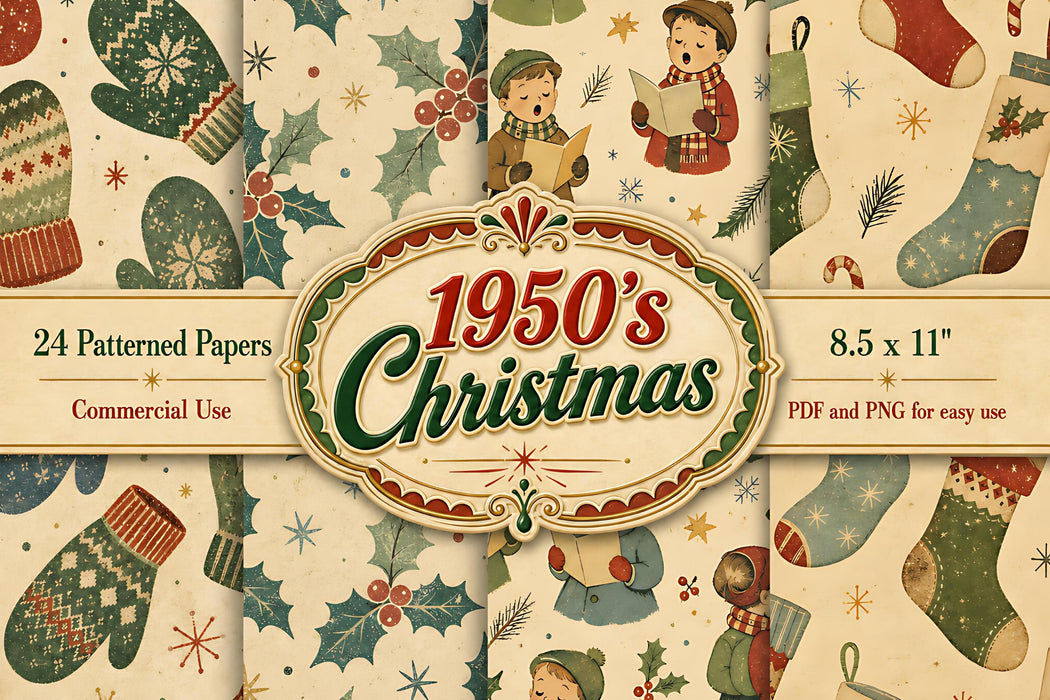 1950s Vintage Christmas Digital Paper Pack 24 Printable Scrapbook Papers Retro Junk Journal
