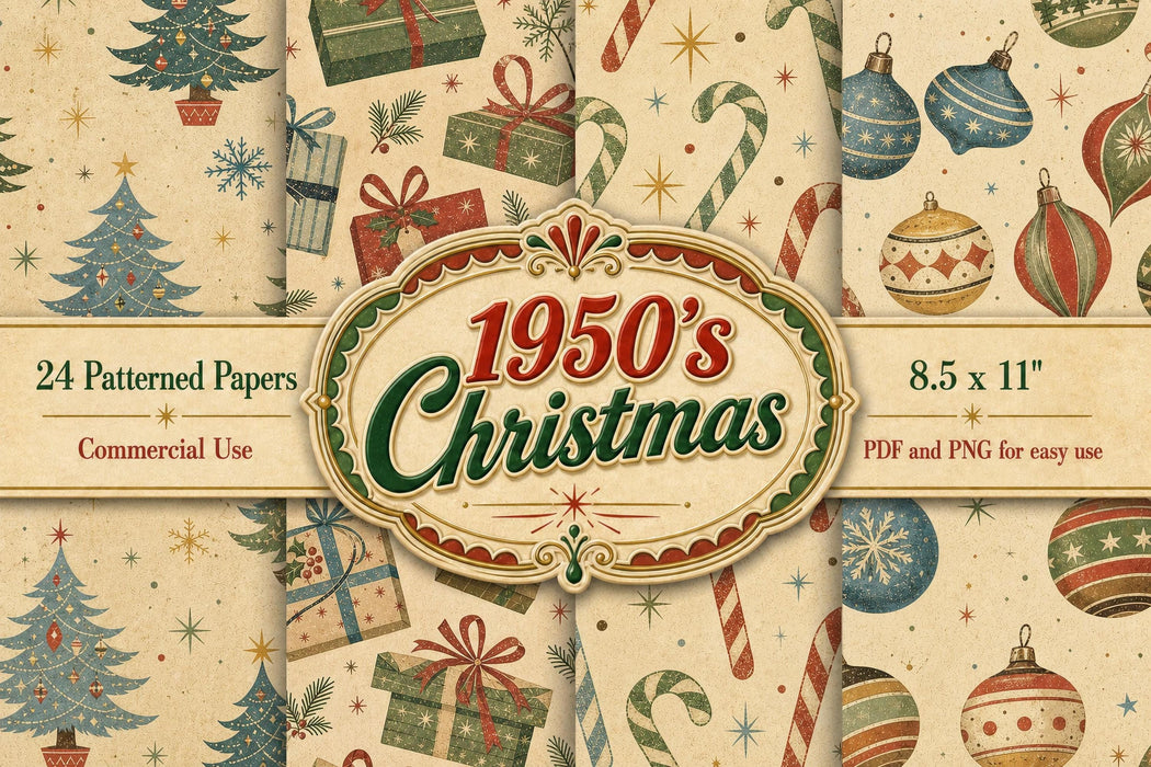 1950s Vintage Christmas Digital Paper Pack 24 Printable Scrapbook Papers Retro Junk Journal