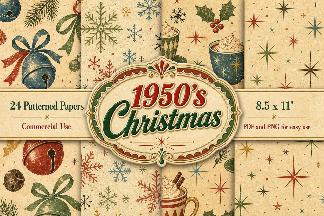 1950s Vintage Christmas Digital Paper Pack 24 Printable Scrapbook Papers Retro Junk Journal
