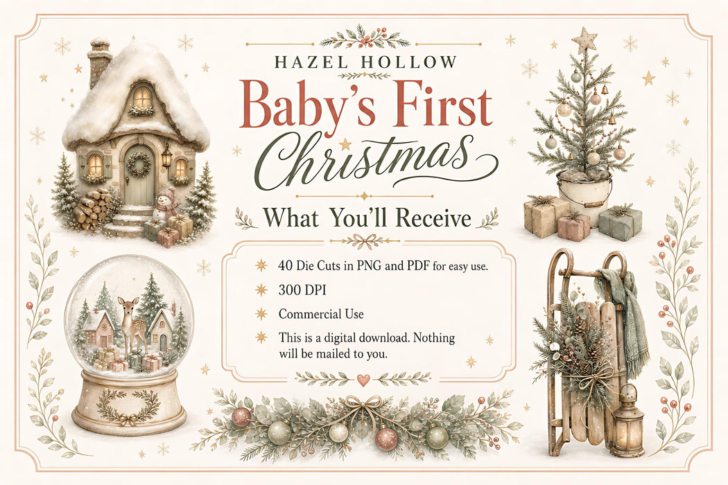 Baby's First Christmas Clipart 40 PNG Die Cuts Nursery Watercolor Animals Junk Journal