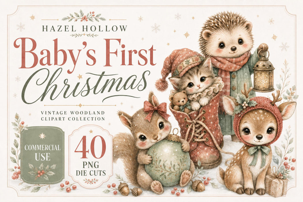 Baby's First Christmas Clipart 40 PNG Die Cuts Nursery Watercolor Animals Junk Journal
