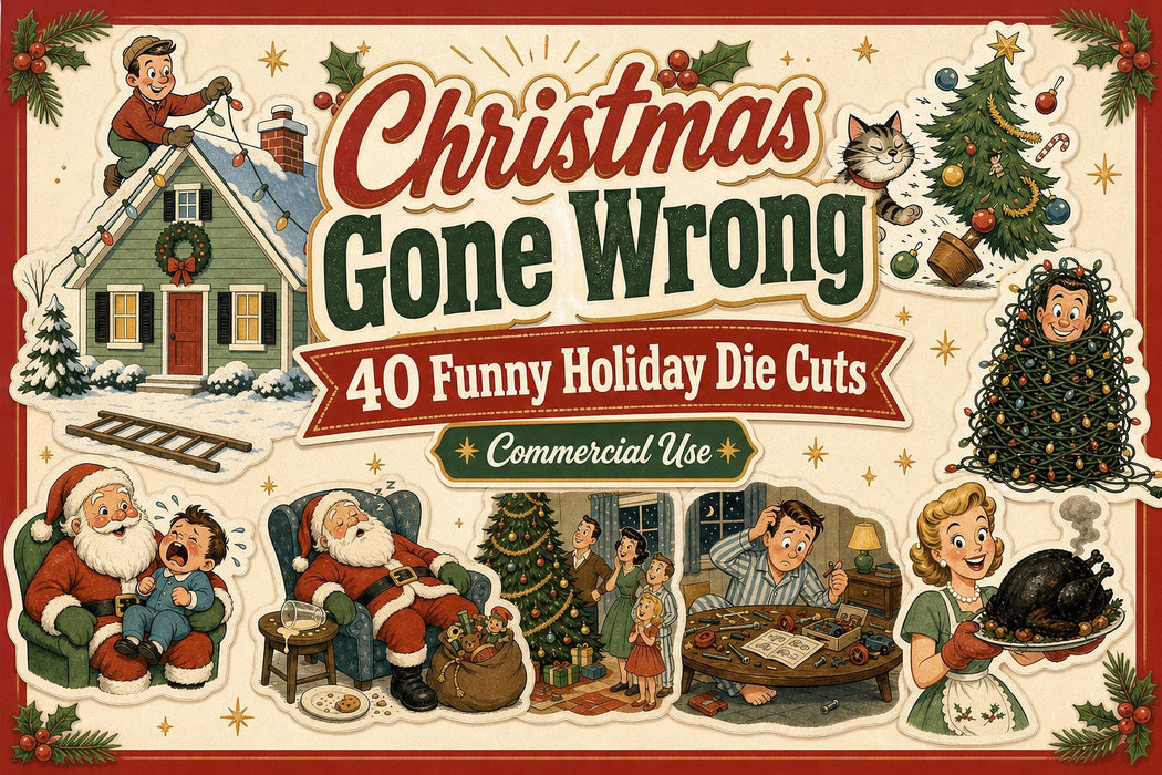 Funny Christmas Clipart 40 PNG Die Cuts Retro 1950s Holiday Humor Junk Journal