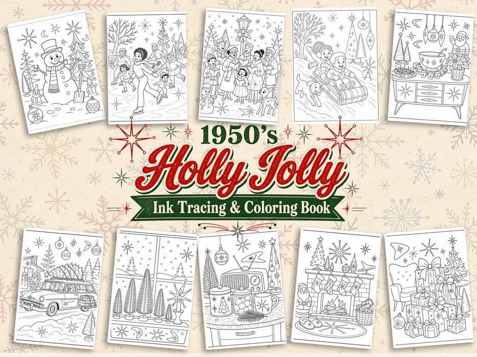 1950s Holly Jolly Ink Tracing and Coloring Printable Set, Retro Christmas Book, Mid Century