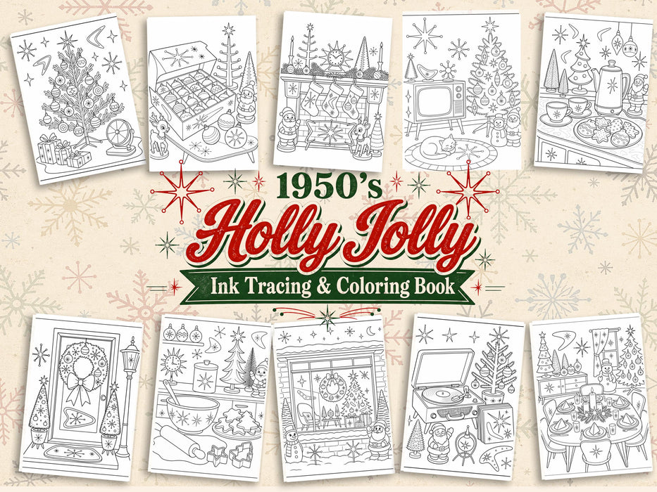 1950s Holly Jolly Ink Tracing and Coloring Printable Set, Retro Christmas Book, Mid Century