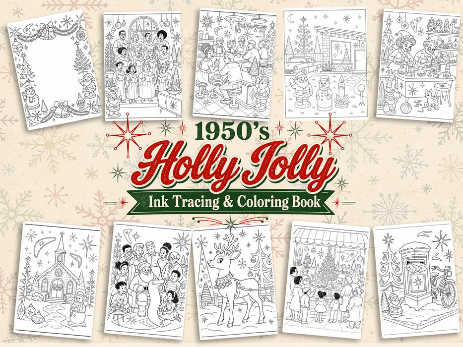 1950s Holly Jolly Ink Tracing and Coloring Printable Set, Retro Christmas Book, Mid Century