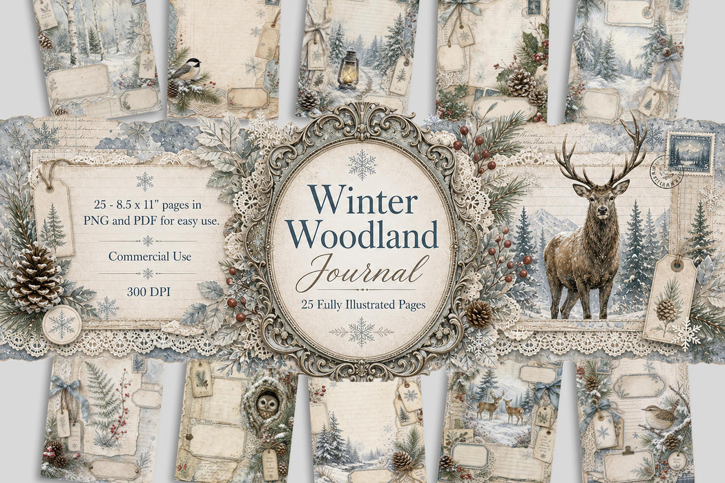 Winter Woodland Junk Journal Kit 25 Printable Pages Snowy Ephemera Paper Christmas