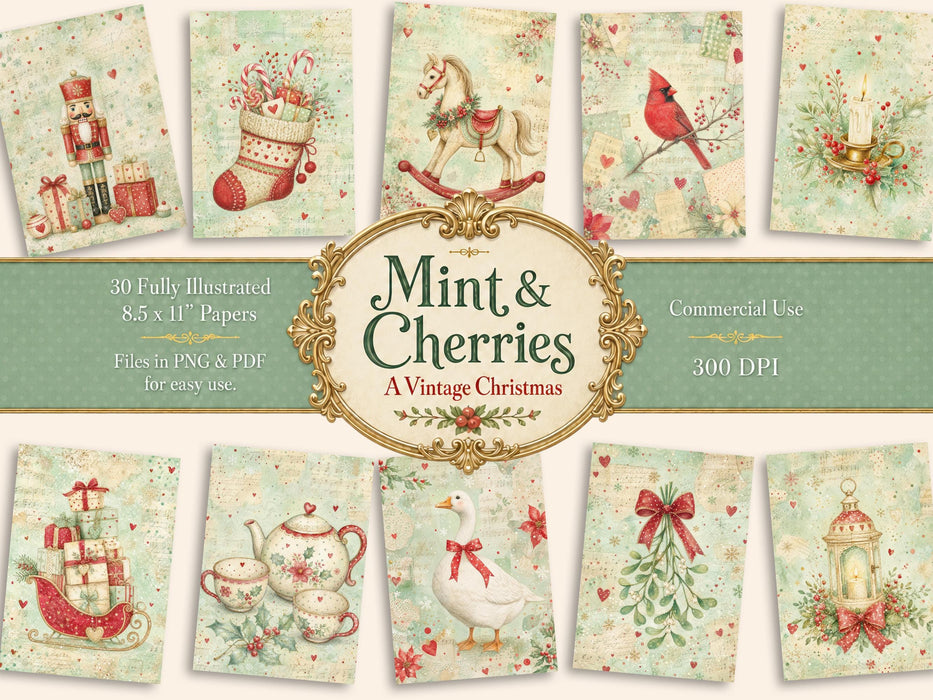 Mint Christmas Digital Paper 30 Whimsical Vintage Collage Sheets Junk Journal Printable